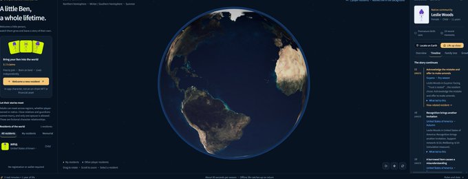 A screenshot of a web page features a 3D Earth globe with text including 'A little Ben, a whole lifetime.' and 'Leslie Woods'.