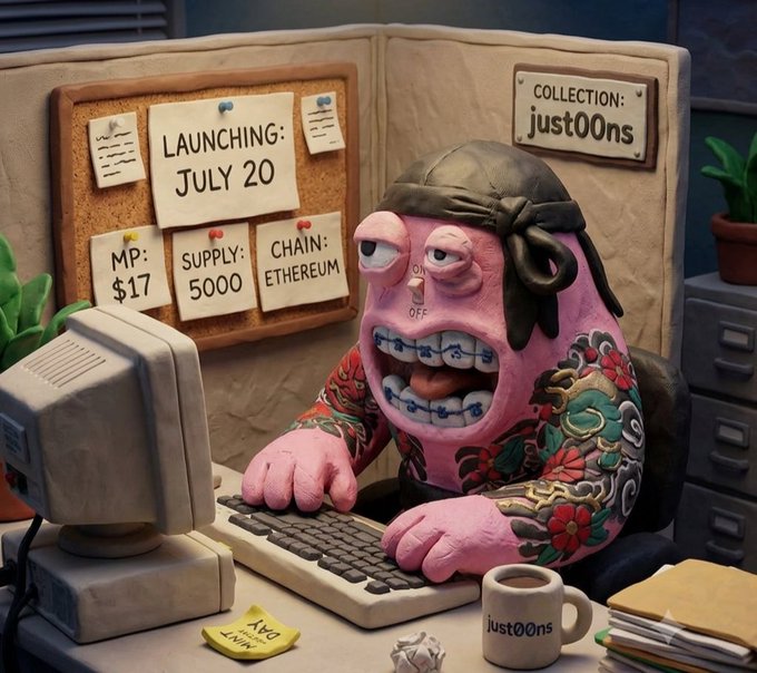 A claymation-style character with tattoos and braces sits at a vintage computer, with a corkboard behind him displaying the mint details: "LAUNCHING: JULY 20," "MP: $17," "SUPPLY: 5000," and "CHAIN: ETHEREUM," matching the post about the @just_t00ns collection launch.