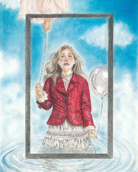 A surreal illustration of a distressed woman in a red jacket holding a balloon and a chain, framed within a picture frame set against a blue cloudy sky, with water ripples below.