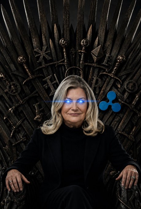 A confident woman with striking glowing blue eyes sits on a throne of swords, with the XRP (Ripple) cryptocurrency logo floating beside her, symbolizing her as the "queen" of XRP and the imminent, rapid transformation ("decades happening in weeks") she believes the asset will deliver to investors who "lock in" now.