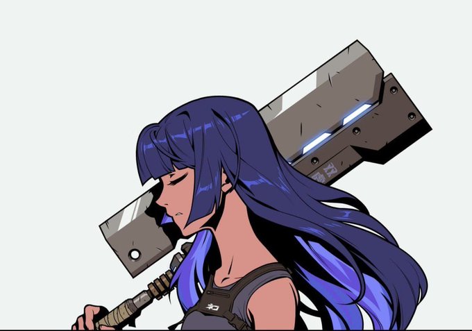 An anime-style illustration depicts a blue-haired female character carrying a large, futuristic gray hammer or weapon over her shoulder.