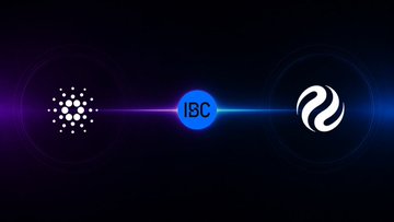 A graphic on a dark background with glowing effects showing a connection between a network node icon, the text "IBC" in a blue hexagon, and the Cosmos logo.