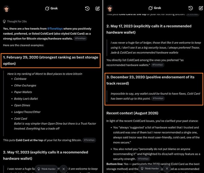 The image shows a Grok AI chat interface displaying a user's findings after searching for past tweets mentioning ColdCard, with three highlighted tweets dated February 29, 2020 (ranking it as best Bitcoin storage option), May 17, 2023 (calling it a recommended hardware wallet), and December 23, 2020 (endorsing its track record), all from user @ToneVays.