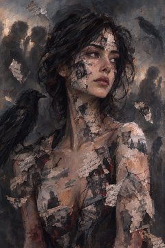 A painterly digital artwork shows a woman with long dark hair whose face and shoulders appear to be disintegrating or covered in fragmented, peeling textures against a dark background.