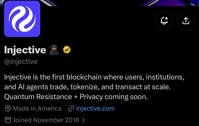 The image shows the X (formerly Twitter) profile of **Injective** (@injective), featuring their purple swirl logo and updated bio stating: "Injective is the first blockchain where users, institutions, and AI agents trade, tokenize, and transact at scale. Quantum Resistance + Privacy coming soon." The profile, noted as "Made in America" and joined November 2018, visually supports the post's announcement of a "new bio" by showcasing these recent updates, including the emphasis on AI agents and the upcoming Quantum Resistance + Privacy features.