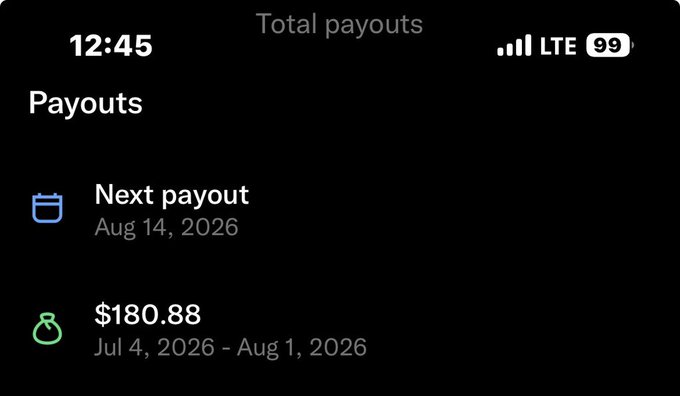 A screenshot of a "Total payouts" dashboard from X (formerly Twitter) showing a "Next payout" scheduled for Aug 14, 2026 and a recent payout of $180.88 for the period of Jul 4, 2026 – Aug 1, 2026, confirming the start-of-August creator payout referenced in the post.