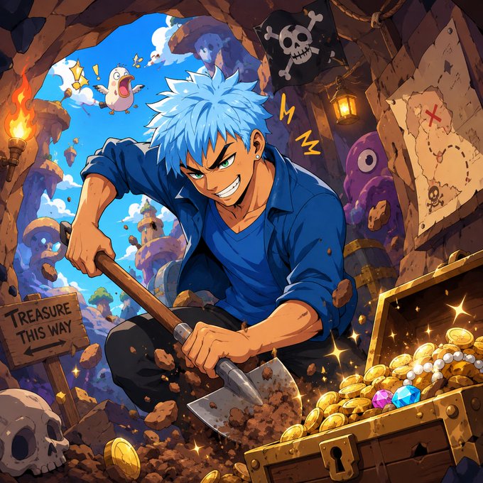 Anime-style illustration of a blue-haired man digging with a shovel toward a treasure chest full of gold coins and gems, with a 'TREASURE THIS WAY' sign and a skull-and-crossbones pirate flag in a cave setting.