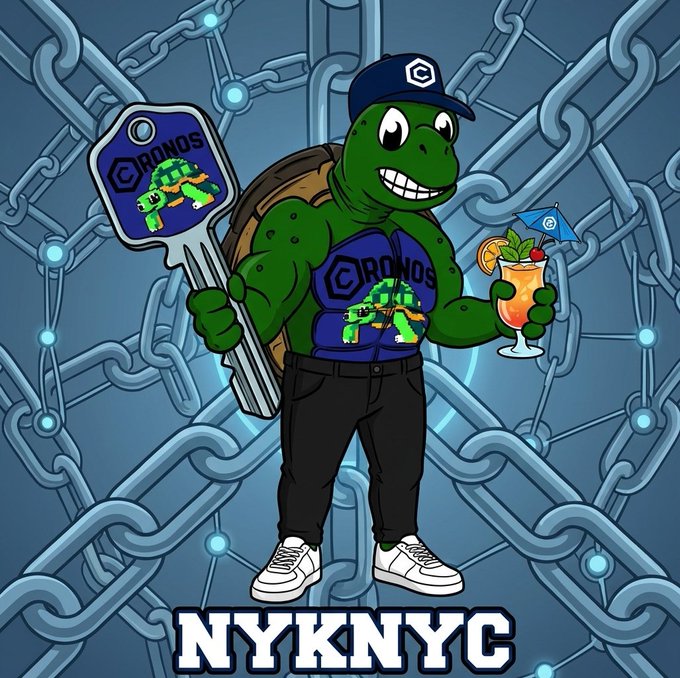A muscular cartoon turtle mascot wearing a "Cronos" shirt, holding a key branded with the Cronos logo and a tropical cocktail, stands against a backdrop of interlocking chains, with "NYKNYC" displayed at the bottom—visually reinforcing the message of breaking free from centralized control through self-custody and true decentralization.