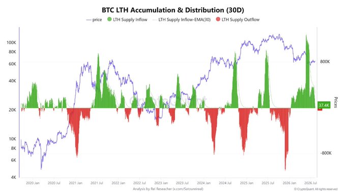 A BTC LTH Accumulation & Distribution (30D) chart by Reiz_Rhesushev showing BTC price alongside long-term holder supply inflow (green) and outflow (red) from 2020 through 2026 January, with the current price highlighted at 87.4K.