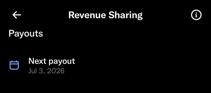 Mobile app screen for 'Revenue Sharing' showing the next payout scheduled for Jul 3, 2026.