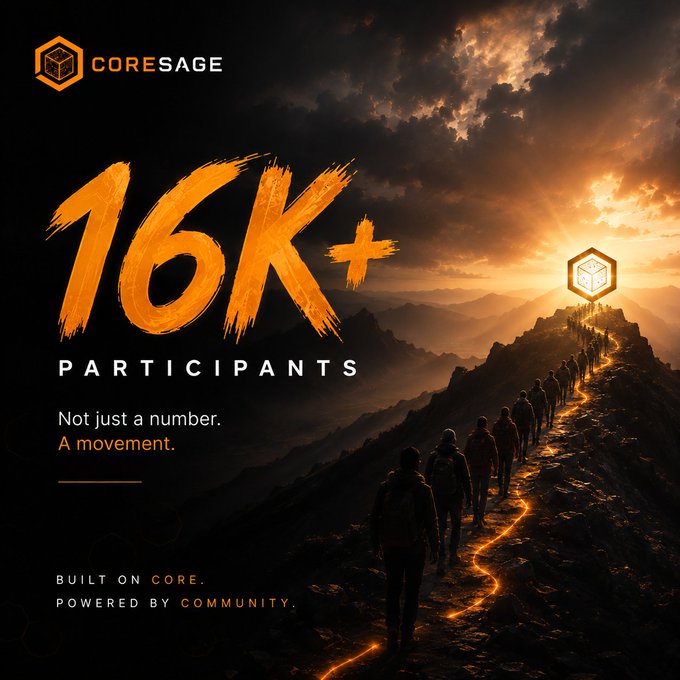 A promotional graphic for CoreSage featuring '16K+ PARTICIPANTS' with the tagline 'Not just a number. A movement.' and 'Built on Core. Powered by community,' depicting people walking toward a glowing cube on a mountain.