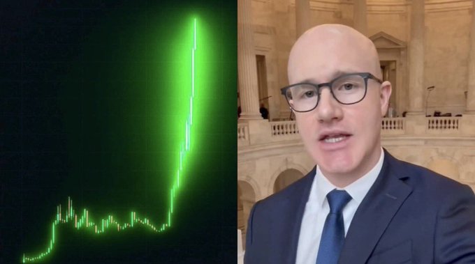 A split-screen image showing a rising green cryptocurrency-style chart on the left and a bald man in glasses, a suit, and blue tie speaking to the camera in front of a classical building on the right.