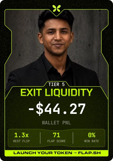 A digital card featuring a man in a black suit with 'TIER 5', 'EXIT LIQUIDITY', '-$44.27 WALLET PNL', '1.3x BEST FLIP', '71 FLAP SCORE', '0% WIN RATE', and 'LAUNCH YOUR TOKEN -> FLAP.SH' displayed.
