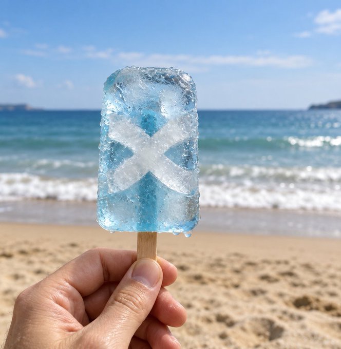 A hand holds up a blue and white popsicle with an 'X' pattern against the backdrop of a sandy beach and ocean waves.