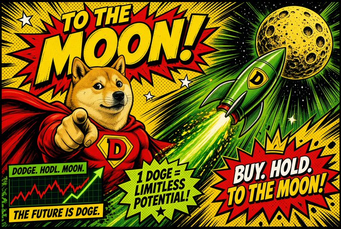 A colorful comic-book-style crypto illustration shows a Shiba Inu dressed as a superhero pointing toward the viewer beside a green rocket and the moon. Large text reads “TO THE MOON!”, “DODGE. HODL. MOON.”, “THE FUTURE IS DOGE.”, “1 DOGE = LIMITLESS POTENTIAL!”, and “BUY, HOLD. TO THE MOON!”