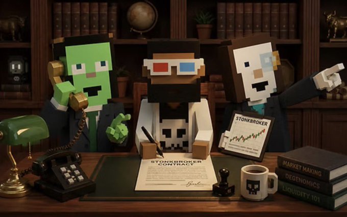 A 3D voxel/Minecraft-style render of three characters sitting at a wooden desk with items including a "STONKBROKER CONTRACT", books labeled "MARKET MAKING", "DEGENOMICS", and "LIQUIDITY 101", a coffee mug, and a vintage green telephone.