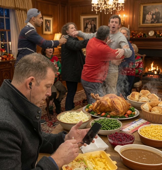 The man quietly checks his crypto app at a Thanksgiving dinner table while his family erupts into a fiery argument behind him, perfectly capturing the moment when sharing his new cryptocurrency investment triggers relatives' criticism about needing a "real job."