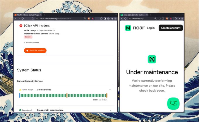 A screenshot showing two browser windows overlaid on 'The Great Wave off Kanagawa' artwork: the NEAR Intents Status Page reporting a '1Click API Incident' marked as 'Resolved', and the near.com login page showing 'Under maintenance'.