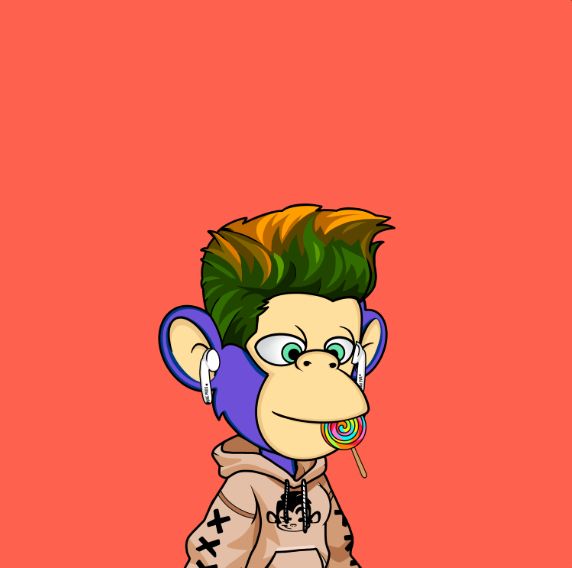 A digital illustration of a stylized monkey character with green and orange hair, wearing a hoodie and a lollipop.