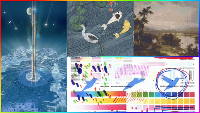 A collage of four images including a sci-fi cityscape, stylized fish illustrations, a landscape painting, and a colorful abstract design with circles.