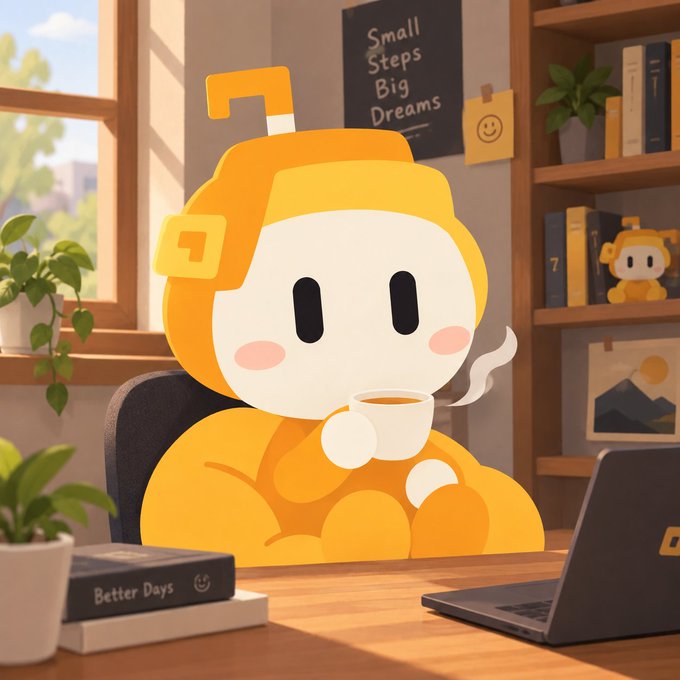 A cute orange and white cartoon character with question mark antenna sitting at a desk holding a steaming cup, with a 'Small Steps Big Dreams' poster and bookshelf in the background.