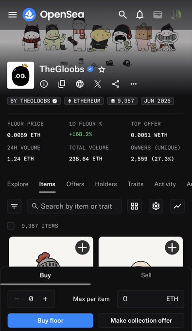 A mobile screenshot of the OpenSea NFT marketplace showing the verified "TheGloobs" collection on Ethereum with 9,367 items, a floor price of 0.0059 ETH, and a 1D floor % change of +168.2%.