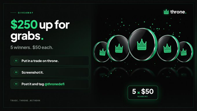 A promotional graphic for a 'throne' giveaway offering '$250 up for grabs' to 5 winners at $50 each, with instructions to trade, screenshot, and tag @thronedefi.