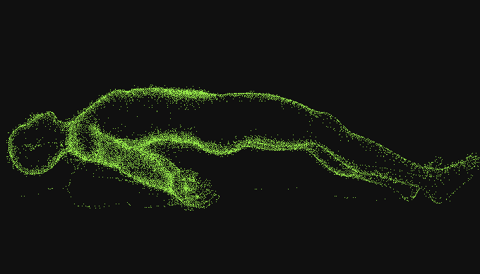 The image shows a green pointillist-style rendering of a human figure lying on their side, composed entirely of scattered green dots against a black background—evoking a digital or ghostly impression. This ties to the post's message by emphasizing human vitality and existence, contrasted with the lifeless, coded nature of a cryptocurrency like Solana.