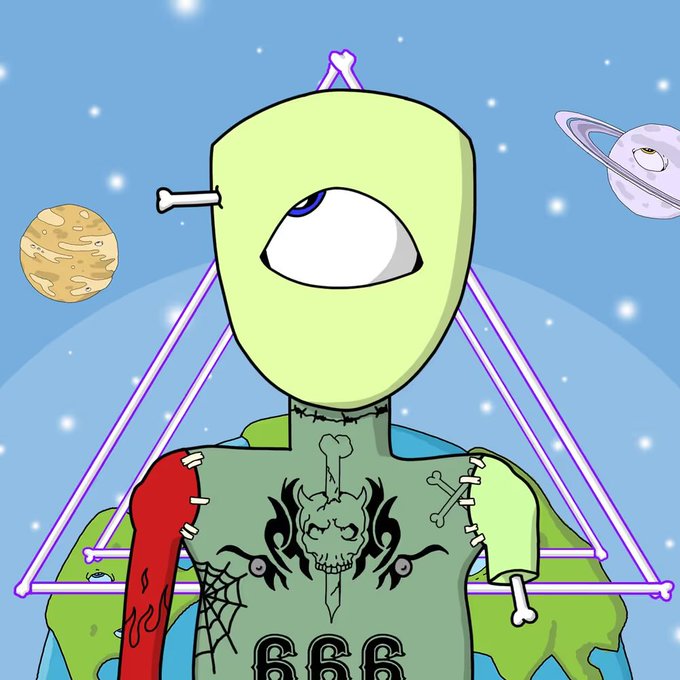 A cartoon illustration of a one-eyed green zombie-like character with stitched skin, a bone in its head, and tattoos including a skull and '666', set against a space background with planets and a glowing triangle.