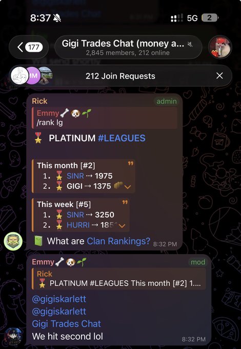 The image shows a Telegram group chat called "Gigi Trades Chat" where an admin named Rick shares Platinum League rankings, with Emmy (mod) celebrating "#2" place. Despite the celebratory tone and banter between members, there is no visual evidence of any "$ANSEM" trade, "1500x" gain, or any references to that ticker—contradicting the post's claim of a massive win in the group.