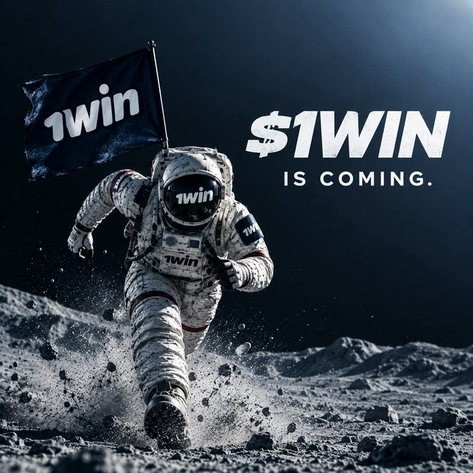 An astronaut planting the "1win" flag on a lunar-like surface alongside the text "$1WIN IS COMING," visually symbolizing the post's message of $1WIN token's readiness, strong foundation, and inevitable arrival despite market conditions.