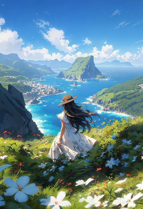 Anime-style illustration of a girl in a white dress and sun hat standing on a grassy cliff overlooking a scenic coastal landscape with mountains, ocean, and a distant city.