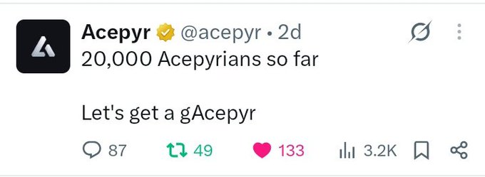 A tweet from Acepyr (@acepyr) with a verified checkmark stating '20,000 Acepytians so far. Let's get a gAcepyr', showing 87 replies, 49 retweets, 133 likes, and 3.2K views.