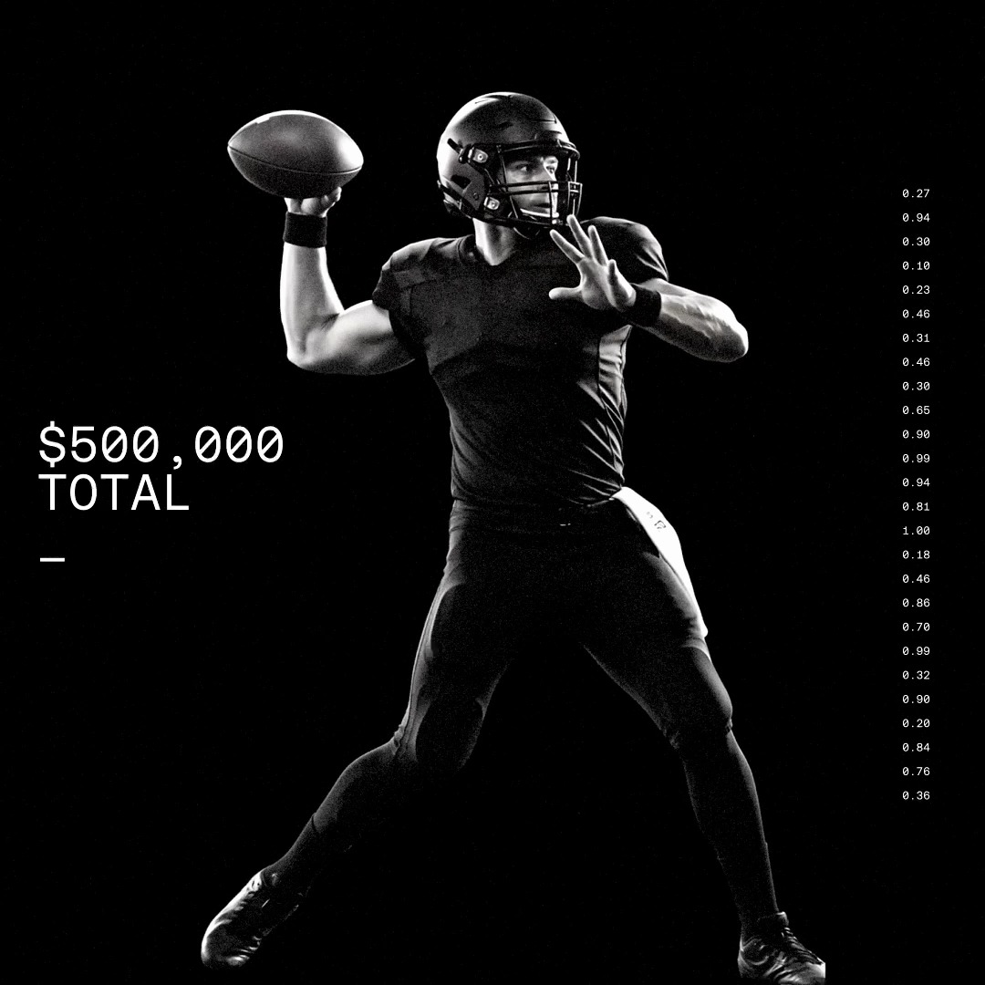 A black-and-white photo captures a quarterback in mid-throwing motion against a dark background, with "$500,000 TOTAL" displayed on the left and a column of decimal odds (ranging from 0.18 to 1.00) on the right. The image aligns with the "Next Season Loading 99%" post by evoking anticipation and readiness for the upcoming season through the player's poised, action-ready stance.