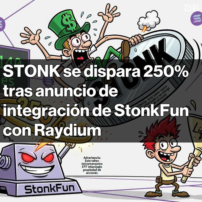 A cartoon image with Spanish text overlay reading 'STONK se dispara 250% tras anuncio de integración de StonkFun con Raydium', featuring cartoon characters riding a 'STONK' rocket with a StonkFun robot character.