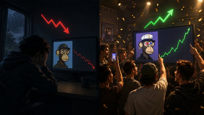 A split-panel illustration showing a person looking dejected at a falling Bored Ape Yacht Club NFT chart on the left, contrasted with a crowd celebrating a rising chart on the right.