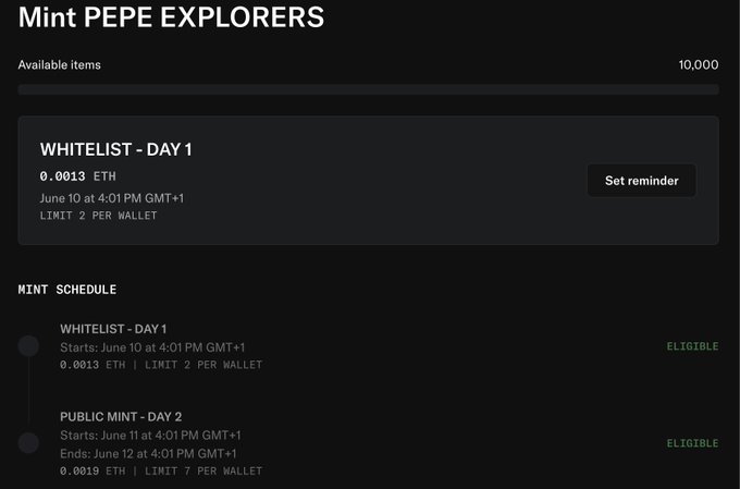 The image shows a screenshot of a Mint Pepe Explorers dashboard, which displays information about available items for minting. The dashboard includes details such as the MintPepe Explorer's name, the date, and the amount of money that can be earned from minting. There is also an option to set a reminder for when the MintPepe Explorer will be ready for minting. Additionally, there are two other posts in the image, one titled "I will be minting @PepeExplorers by @TrystanNFT What about you? Explore  • Expand  • Evolve" and another post that says "I will be minting @PepeExplorers by @TrystanNFT". These posts are related to the MintPepe Explorer's activities, such as expanding their collection or evolving their MintPepe Explorer.
