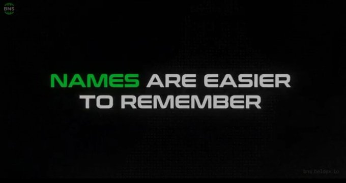 A black screen displays the green and white text 'NAMES ARE EASIER TO REMEMBER' with a small 'BNS' logo in the corner.