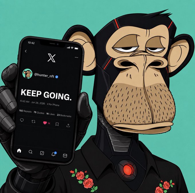A cartoon monkey character wearing a black shirt with rose embroidery holds a smartphone displaying an X (formerly Twitter) post from @hunter_nft that reads 'KEEP GOING.' dated Jun 28, 2026, with 192 reposts, 76 quotes, 1K likes, and 23 bookmarks.