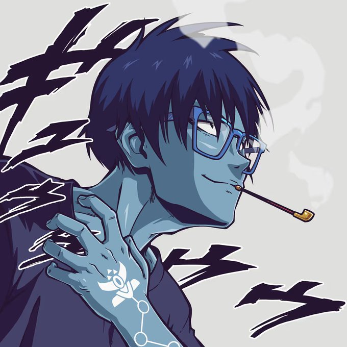 An illustrated character with blue skin, dark hair, glasses, and a smoking pipe is shown in profile against a gray background with Japanese calligraphy.