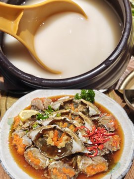 A plate of marinated crab garnished with orange roe, red chili peppers, and lemon, accompanied by a pot of creamy white broth or porridge, likely a Korean-style crab dish.

The image showcases a seafood meal that doesn't appear directly related to the post's mention of brunch with the MetaMask team, BHC fried chicken, or running club activities—it may instead represent the portion of food sent to someone as mentioned at the end of the caption.