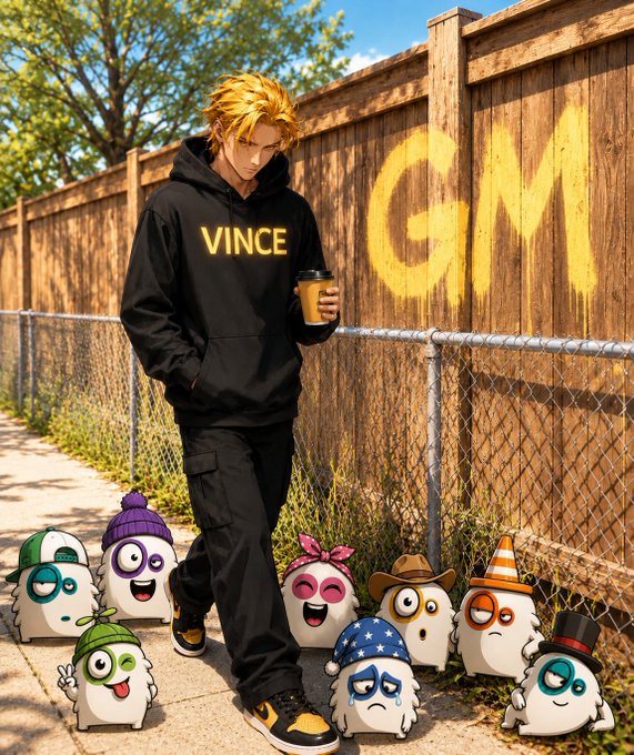 An anime-style illustration shows a blonde character wearing a 'VINCE' hoodie standing next to a wooden fence marked 'GM', surrounded by small mascot characters.