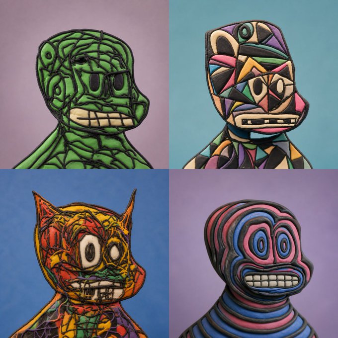 A 2x2 grid of colorful abstract paintings depicting stylized monster faces rendered in cubist, stained-glass, and line-art styles.
