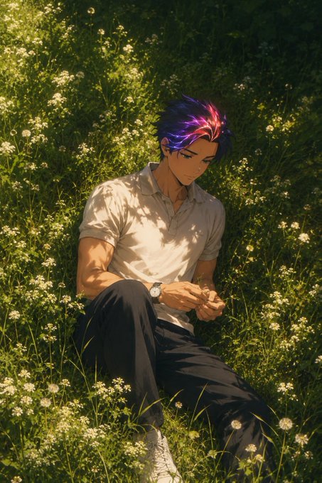 An anime-style illustration of a young man with vibrant purple and pink streaked hair, wearing a white short-sleeved shirt and dark pants, sitting in a sunlit field of daisies while looking at his watch.
