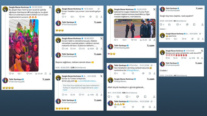 This is a collage of social media posts from Tahir Sarıkaya and Sezgin Baran Korkmaz, depicting their alleged close ties and financial dealings, as highlighted in the accompanying text. The posts include dates ranging from 2025 to 2026, and Sarıkaya's profile picture and handle (@TahirSarikaya06) are visible throughout.