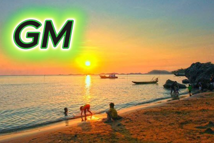 A sunset beach scene with silhouettes of people wading and sitting near boats on the shore, overlaid with a glowing green 'GM' logo in the upper left.