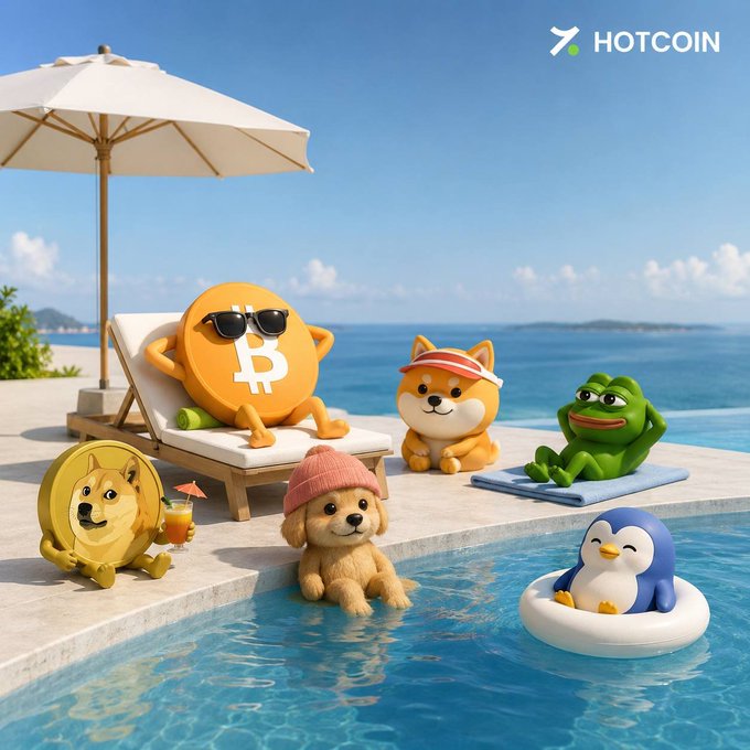 A sunny poolside scene features a Bitcoin ($BTC) coin wearing sunglasses on a lounge chair under an umbrella, alongside a Dogecoin dog in a cap, a Shiba Inu, Pepe the Frog, and a penguin in a floatie enjoying vacation vibes. The "HOTCOIN" logo appears in the top right, matching the post's theme of $BTC gains paired with memecoin leisure.