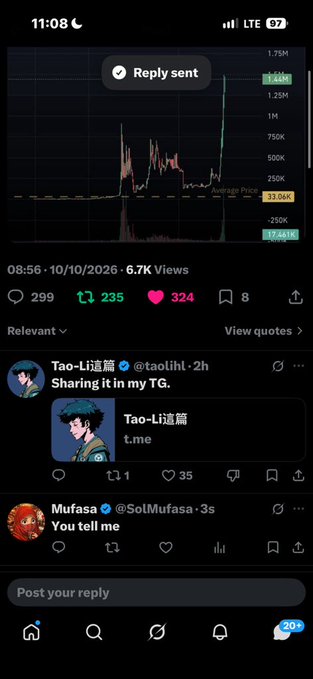 A mobile view of a post showing a Bitcoin price chart, with a caption referencing 'My 4th 100x' and followers engaging in the comments.