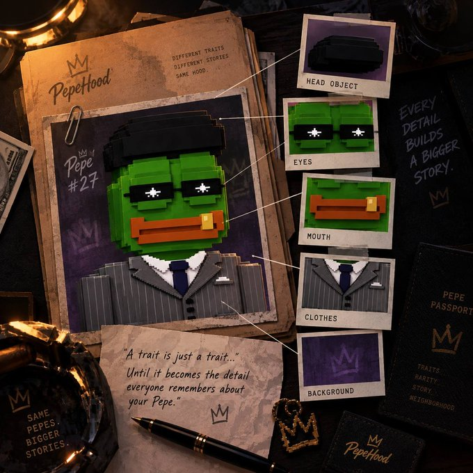Promotional artwork for 'PepeHood' NFT collection featuring a pixel-art Pepe character in a pinstripe suit, with labeled components including head object, eyes, mouth, clothes, and background.