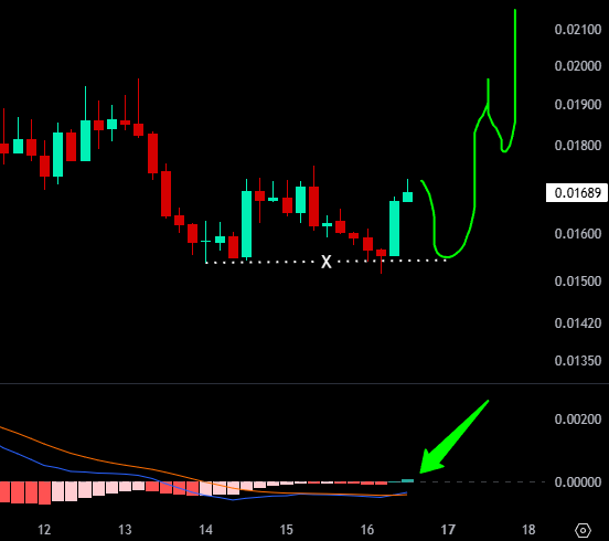 A candlestick chart displays price action with a current value of 0.01689, featuring hand-drawn green lines and arrows highlighting a potential breakout and MACD crossover at the bottom indicator.
